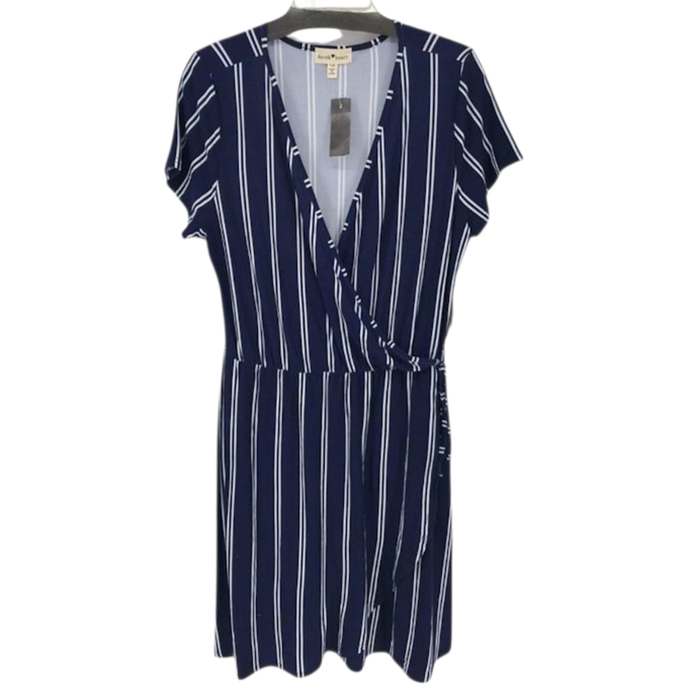 Derek Heart Blue And White Striped Faux Wrap Midi Fit &Flare Dress Women's 2x